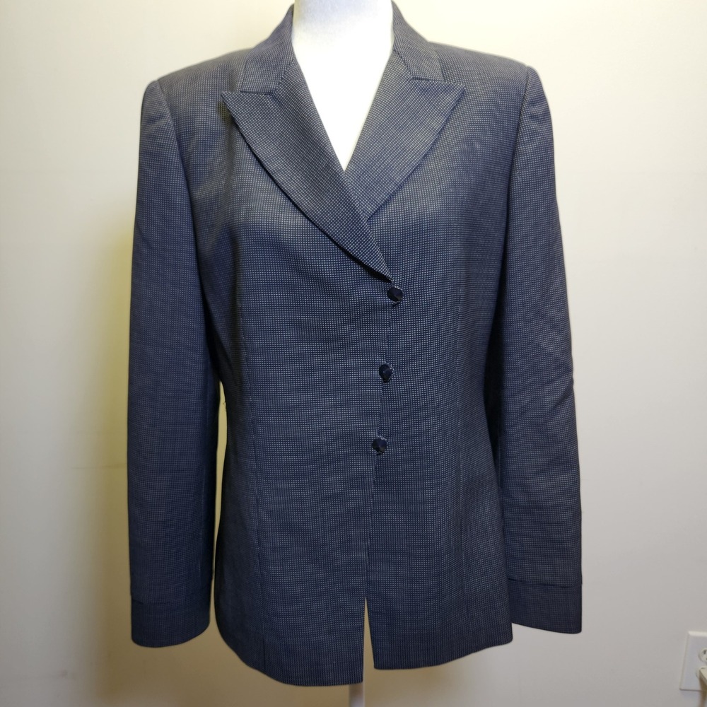 Carlisle Vtg Structured Micro Check Blazer Sz 8 Wool Peak Lapel Lined Career